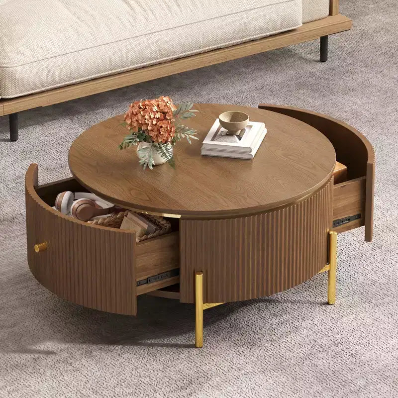 JVNOXK Modern Round Coffee Table with 2 Large Storage Drawers, 31.5 Accent Table for Living Room, Brown
