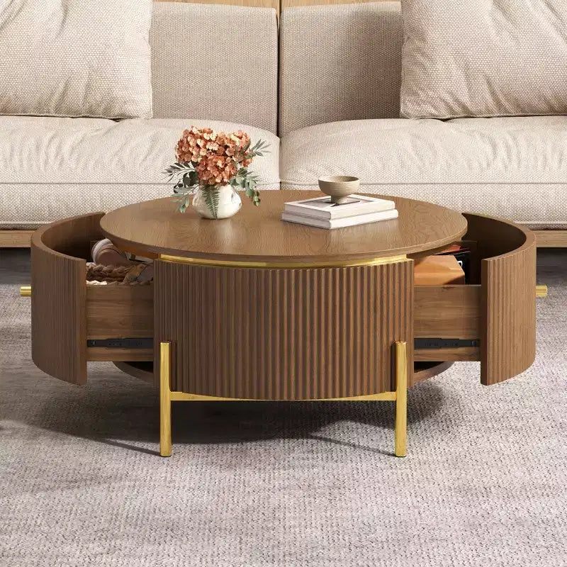 JVNOXK Modern Round Coffee Table with 2 Large Storage Drawers, 31.5 Accent Table for Living Room, Brown