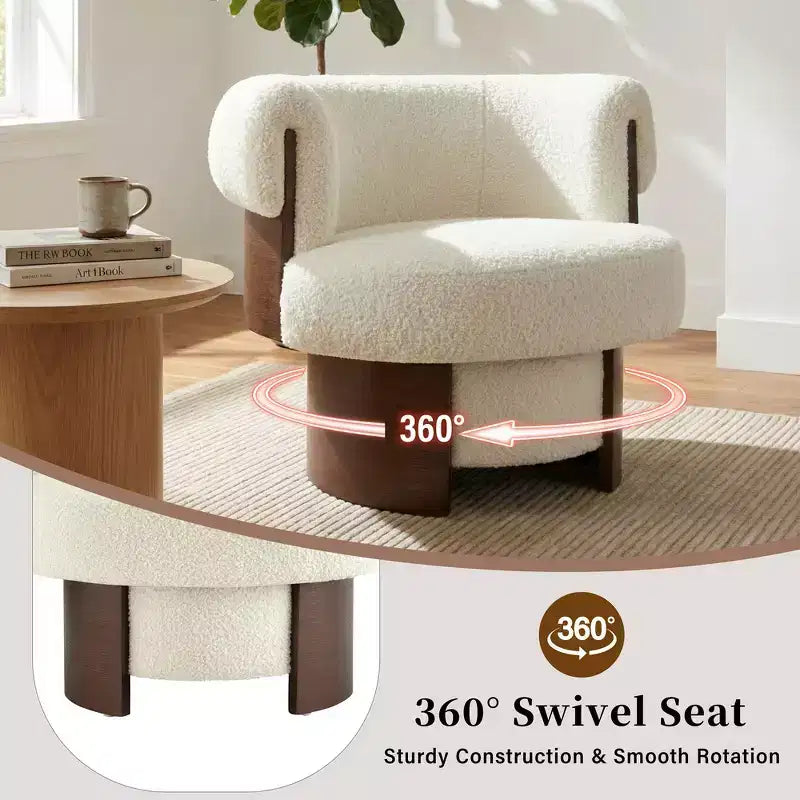 Whisen 360 Swivel Barrel Chair with Sculptural Bentwood Design, Solid Wood Frame, 32'' Wide, Versatile for Living Room and Bedroom