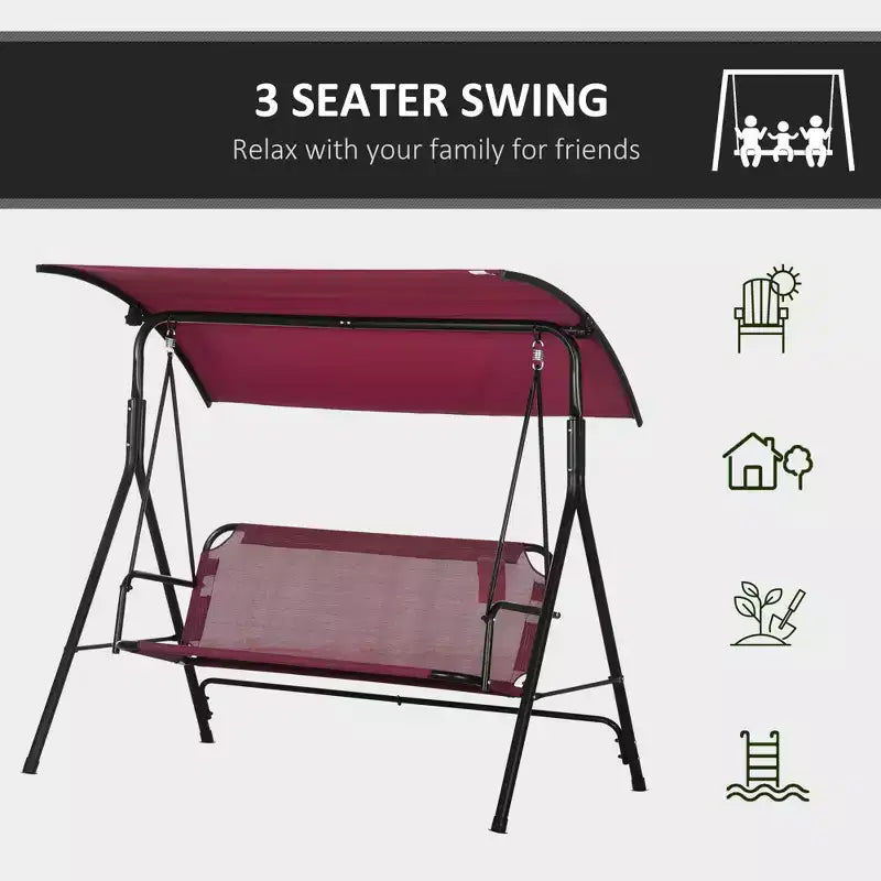 3-Seat Outdoor Patio Swing Chair w/ Cushion, Steel Frame Stand, Adjustable Tilt Canopy for Patio, Garden