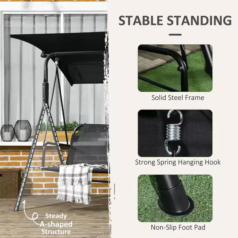3-Seat Outdoor Patio Swing Chair w/ Cushion, Steel Frame Stand, Adjustable Tilt Canopy for Patio, Garden