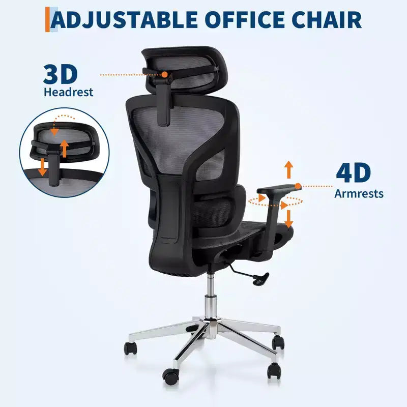 Mesh Ergonomic Office Chair with 4D Armrests Dynamic Lumbar High Back Recline Slide Seat Headrest Silent Wheels for Home Study Gaming