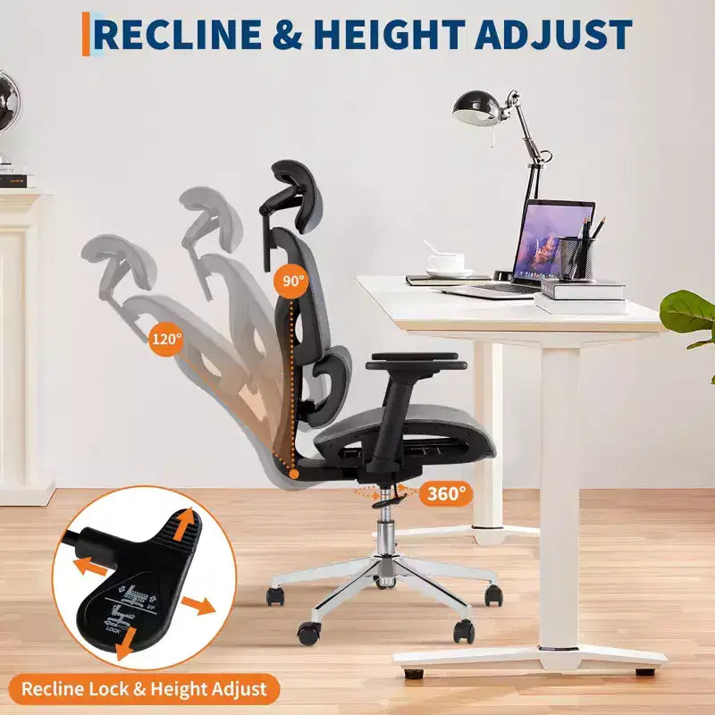 Mesh Ergonomic Office Chair with 4D Armrests Dynamic Lumbar High Back Recline Slide Seat Headrest Silent Wheels for Home Study Gaming