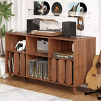 Modern 55 Wood Media Console w/ Charging Station, Power Outlets & 2 USB  Vinyl Record Storage, Mid-Century, Open Shelves  Natural Wood