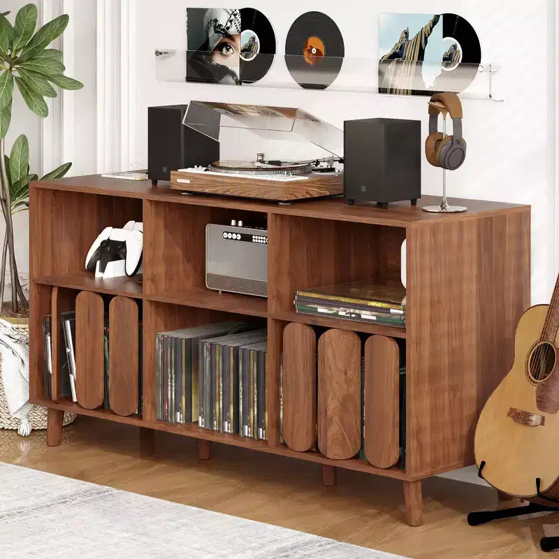 Modern 55 Wood Media Console w/ Charging Station, Power Outlets & 2 USB  Vinyl Record Storage, Mid-Century, Open Shelves  Natural Wood