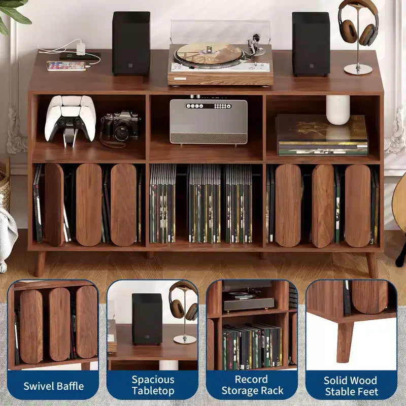 Modern 55 Wood Media Console w/ Charging Station, Power Outlets & 2 USB  Vinyl Record Storage, Mid-Century, Open Shelves  Natural Wood