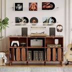Modern 55 Wood Media Console w/ Charging Station, Power Outlets & 2 USB  Vinyl Record Storage, Mid-Century, Open Shelves  Natural Wood