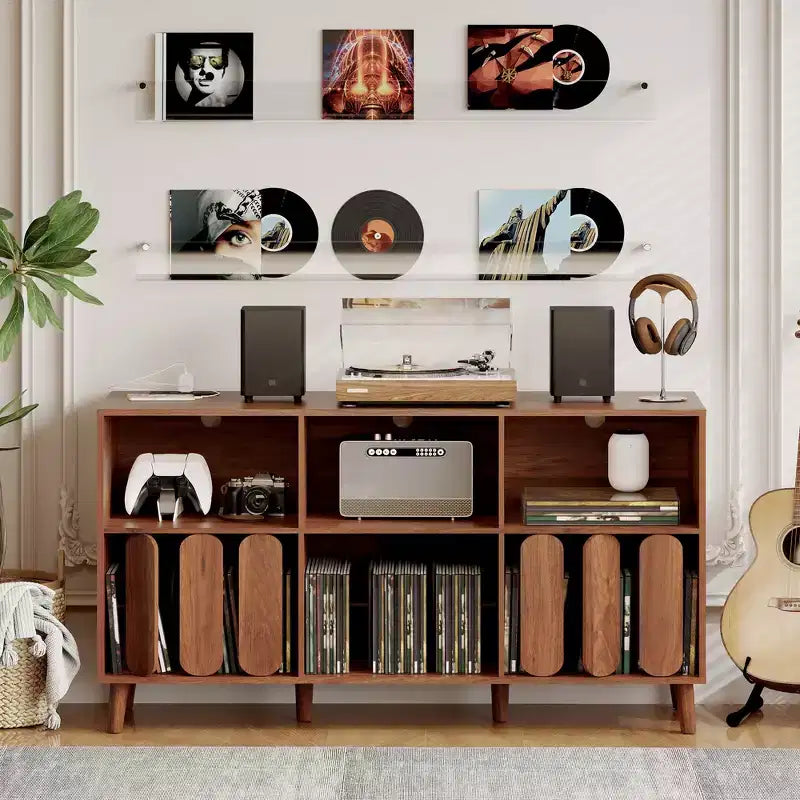Modern 55 Wood Media Console w/ Charging Station, Power Outlets & 2 USB  Vinyl Record Storage, Mid-Century, Open Shelves  Natural Wood