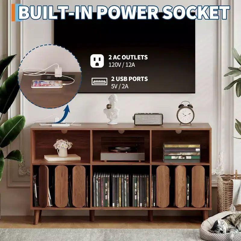 Modern 55 Wood Media Console w/ Charging Station, Power Outlets & 2 USB  Vinyl Record Storage, Mid-Century, Open Shelves  Natural Wood