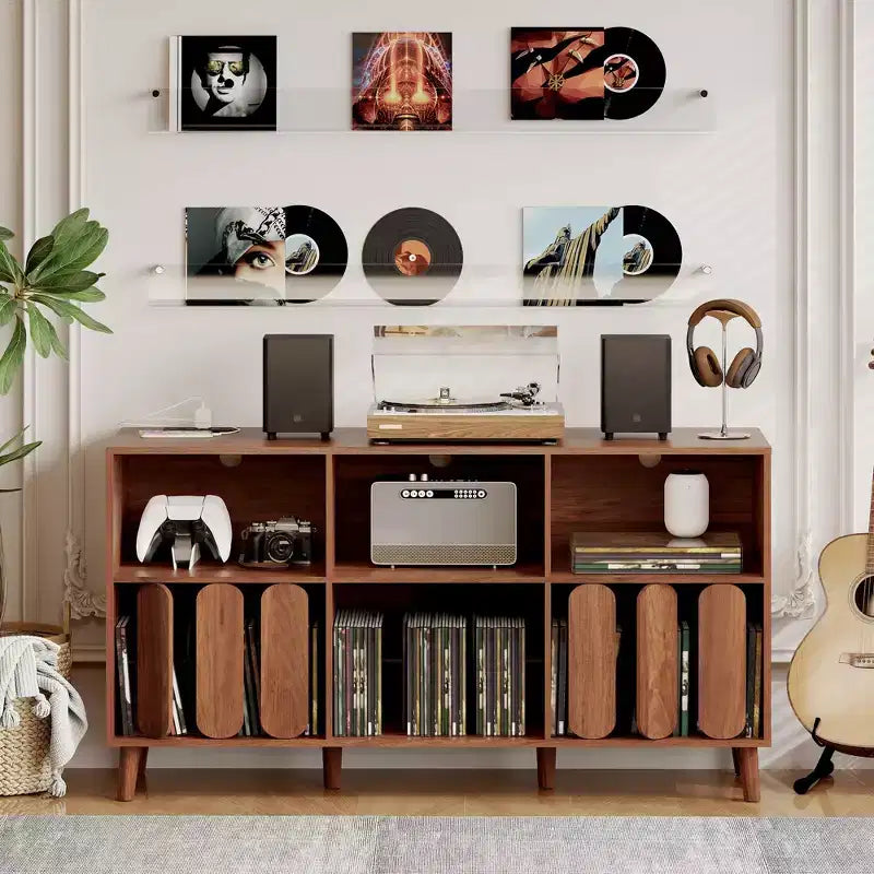 Modern 55 Wood Media Console w/ Charging Station, Power Outlets & 2 USB  Vinyl Record Storage, Mid-Century, Open Shelves  Natural Wood