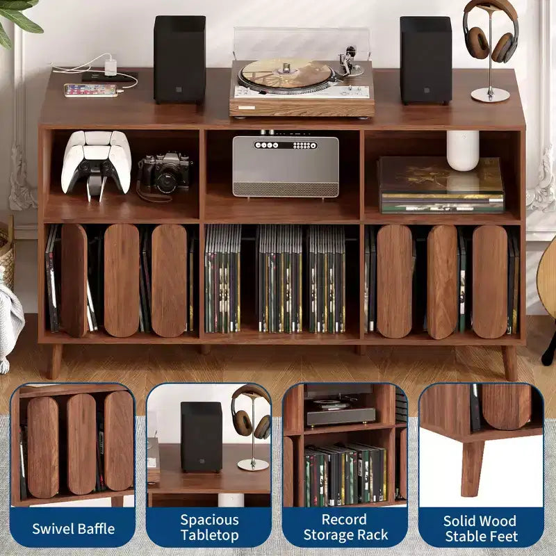 Modern 55 Wood Media Console w/ Charging Station, Power Outlets & 2 USB  Vinyl Record Storage, Mid-Century, Open Shelves  Natural Wood