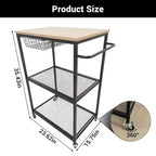Vintage 3-Tier Rolling Kitchen Cart with Push Handle 2 Lockable Wheels Utility Microwave Stand Storage for Kitchen Island Coffee Bar Living Room