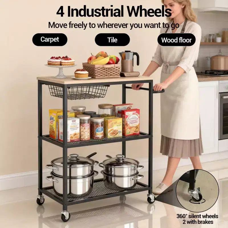 Vintage 3-Tier Rolling Kitchen Cart with Push Handle 2 Lockable Wheels Utility Microwave Stand Storage for Kitchen Island Coffee Bar Living Room