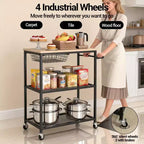 Vintage 3-Tier Rolling Kitchen Cart with Push Handle 2 Lockable Wheels Utility Microwave Stand Storage for Kitchen Island Coffee Bar Living Room