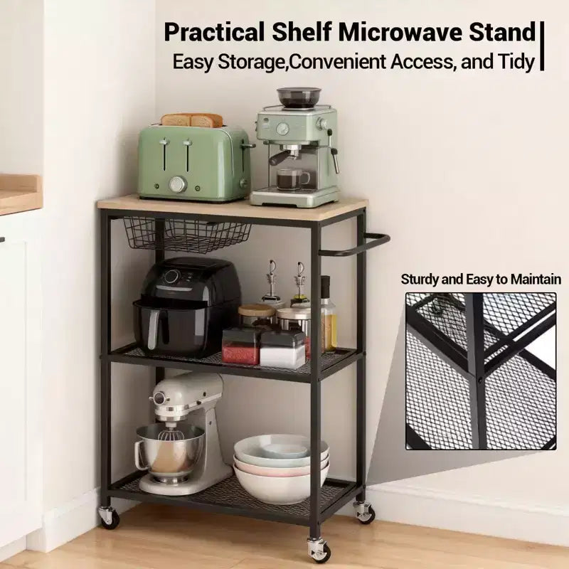 Vintage 3-Tier Rolling Kitchen Cart with Push Handle 2 Lockable Wheels Utility Microwave Stand Storage for Kitchen Island Coffee Bar Living Room