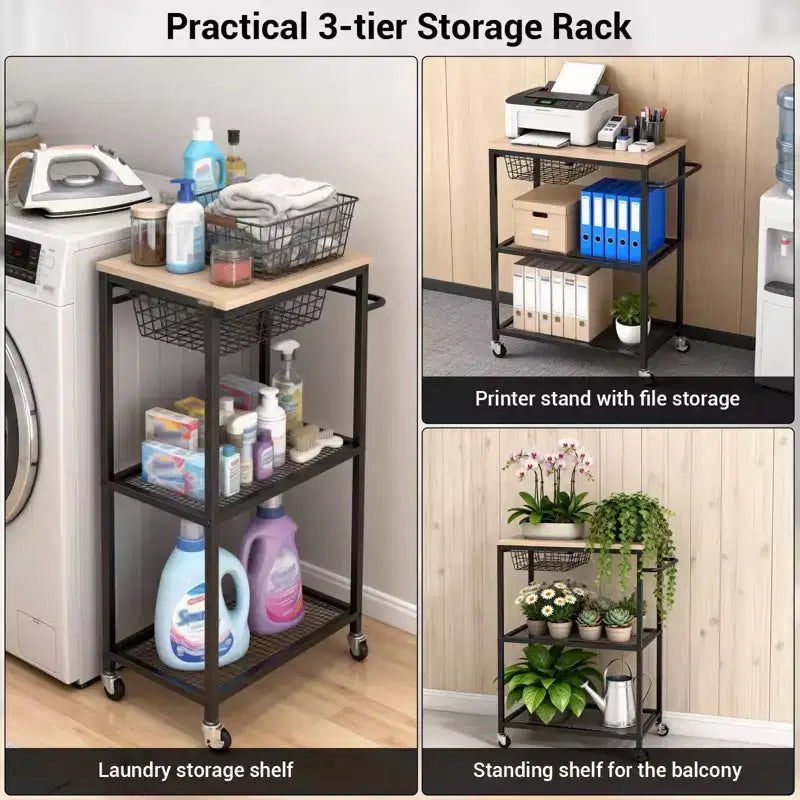 Vintage 3-Tier Rolling Kitchen Cart with Push Handle 2 Lockable Wheels Utility Microwave Stand Storage for Kitchen Island Coffee Bar Living Room