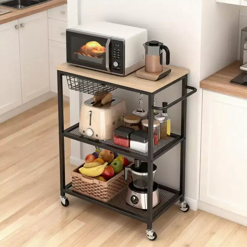 Vintage 3-Tier Rolling Kitchen Cart with Push Handle 2 Lockable Wheels Utility Microwave Stand Storage for Kitchen Island Coffee Bar Living Room