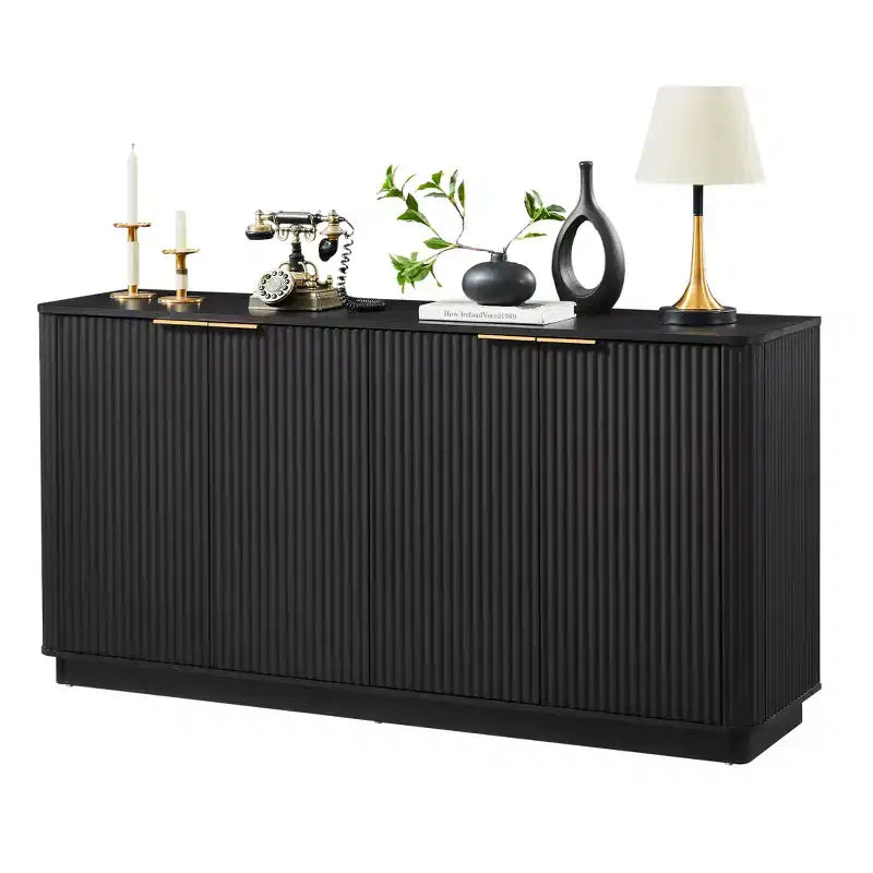 JVNOXK 63 Vertical Stripe Buffet Cabinet Sideboard with Storage, Curved Wave Design TV Stand for Living Room Bedroom Hallway, Black