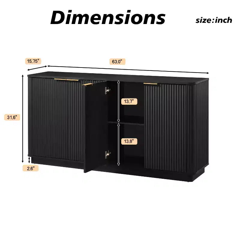 JVNOXK 63 Vertical Stripe Buffet Cabinet Sideboard with Storage, Curved Wave Design TV Stand for Living Room Bedroom Hallway, Black
