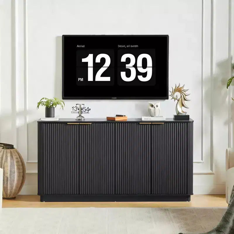 JVNOXK 63 Vertical Stripe Buffet Cabinet Sideboard with Storage, Curved Wave Design TV Stand for Living Room Bedroom Hallway, Black