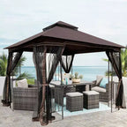 Clihome 10x10 FT Outdoor Patio Gazebo Canopy Tent with Double Vented Roof & Mosquito net, Brown