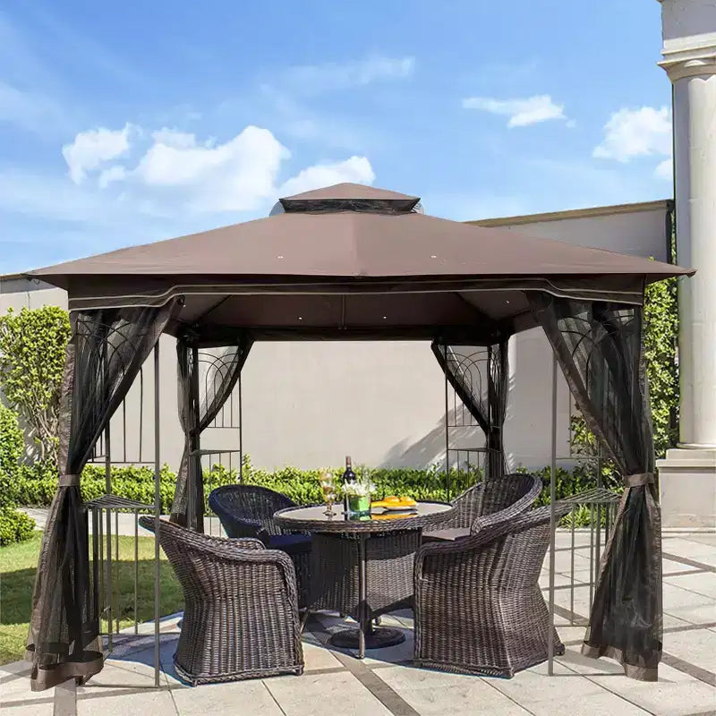 Clihome 10x10 FT Outdoor Patio Gazebo Canopy Tent with Double Vented Roof & Mosquito net, Brown