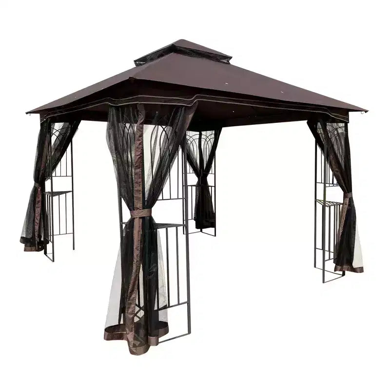 Clihome 10x10 FT Outdoor Patio Gazebo Canopy Tent with Double Vented Roof & Mosquito net, Brown