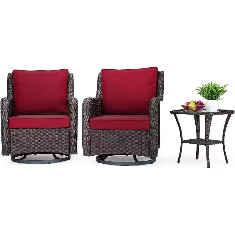All-Weather Wicker Swivel Rocker Patio Bistro Set, 3-Piece Outdoor Furniture with 360 Cushioned Chairs & Tempered Glass Side Table for Garden, Porch