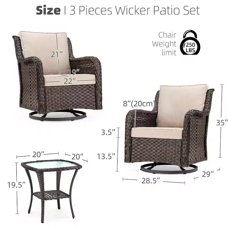 All-Weather Wicker Swivel Rocker Patio Bistro Set, 3-Piece Outdoor Furniture with 360 Cushioned Chairs & Tempered Glass Side Table for Garden, Porch