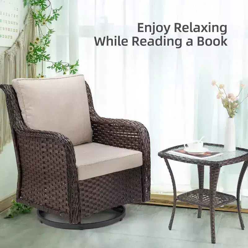 All-Weather Wicker Swivel Rocker Patio Bistro Set, 3-Piece Outdoor Furniture with 360 Cushioned Chairs & Tempered Glass Side Table for Garden, Porch