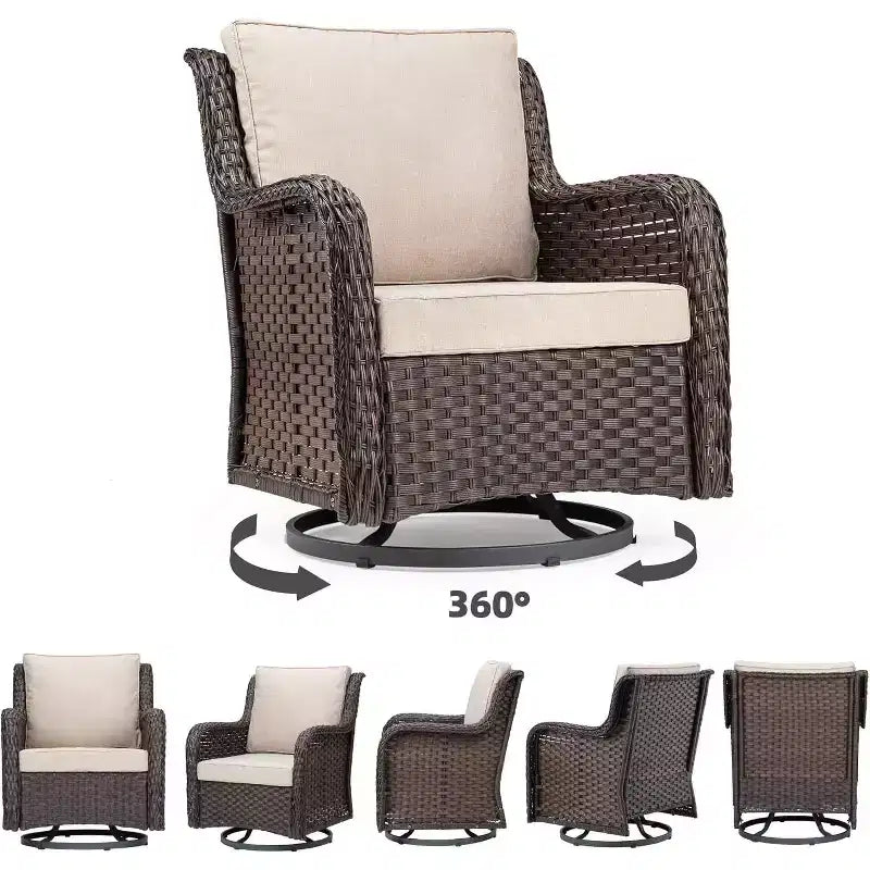All-Weather Wicker Swivel Rocker Patio Bistro Set, 3-Piece Outdoor Furniture with 360 Cushioned Chairs & Tempered Glass Side Table for Garden, Porch