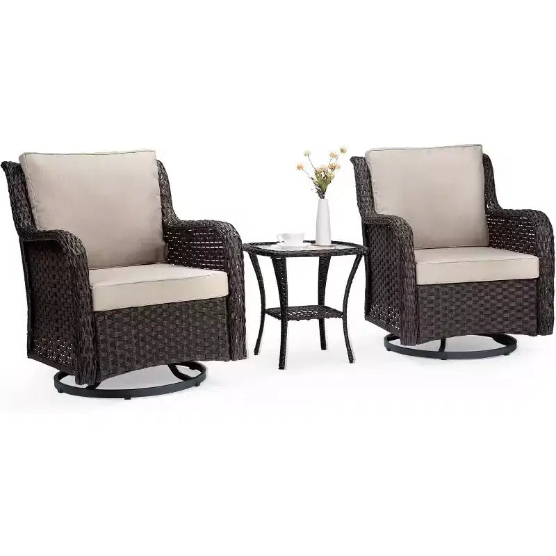 All-Weather Wicker Swivel Rocker Patio Bistro Set, 3-Piece Outdoor Furniture with 360 Cushioned Chairs & Tempered Glass Side Table for Garden, Porch