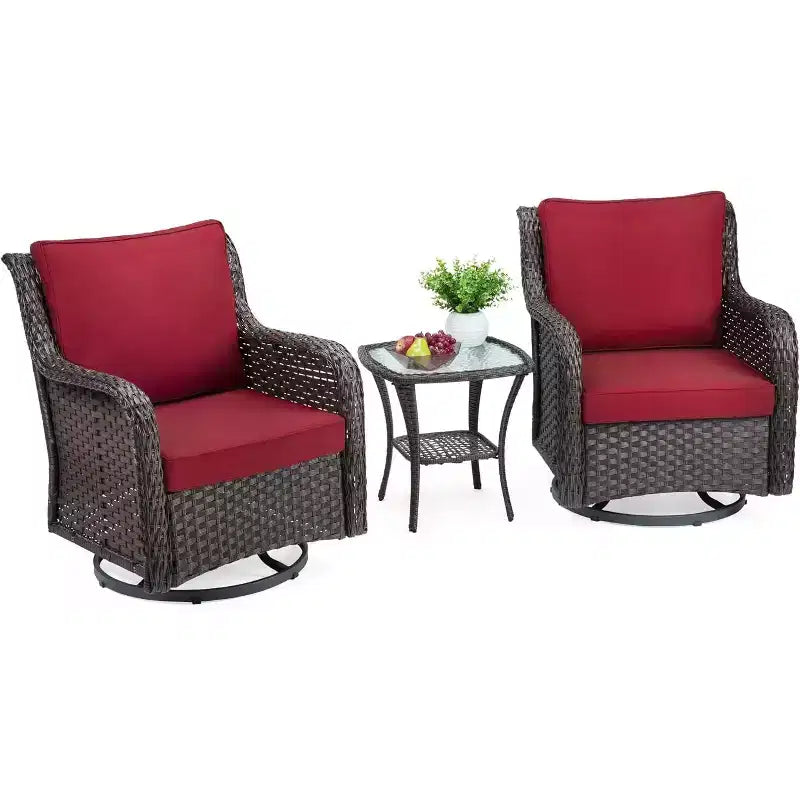 All-Weather Wicker Swivel Rocker Patio Bistro Set, 3-Piece Outdoor Furniture with 360 Cushioned Chairs & Tempered Glass Side Table for Garden, Porch