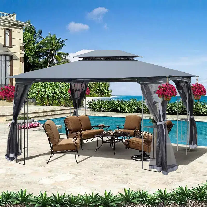 Clihome 13x10 FT Outdoor Patio Gazebo Canopy with Double Vent Roof & Removable Mosquito Netting, Grey
