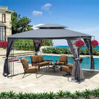 Clihome 13x10 FT Outdoor Patio Gazebo Canopy with Double Vent Roof & Removable Mosquito Netting, Grey