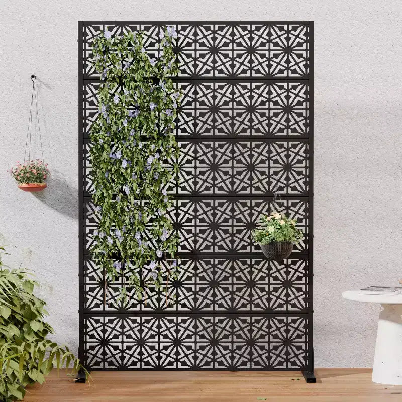 Dovelina 72H x 47W Outdoor Metal Privacy Screen Freestanding Fence Panels in Black for Garden Patio Deck Yard