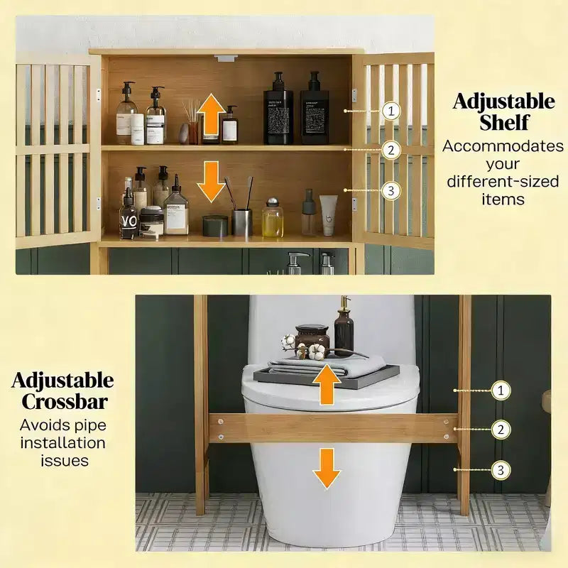 GDFStudio Rhett Vertical Bamboo Over Toilet Storage Cabinet with Adjustable Shelves and Slatted Doors