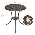 24 Inch Cast Aluminum Bistro Table with 2 Umbrella Hole, Round Outdoor Patio Side Table, Rust-Resistant Coffee Table for Garden, Backyard