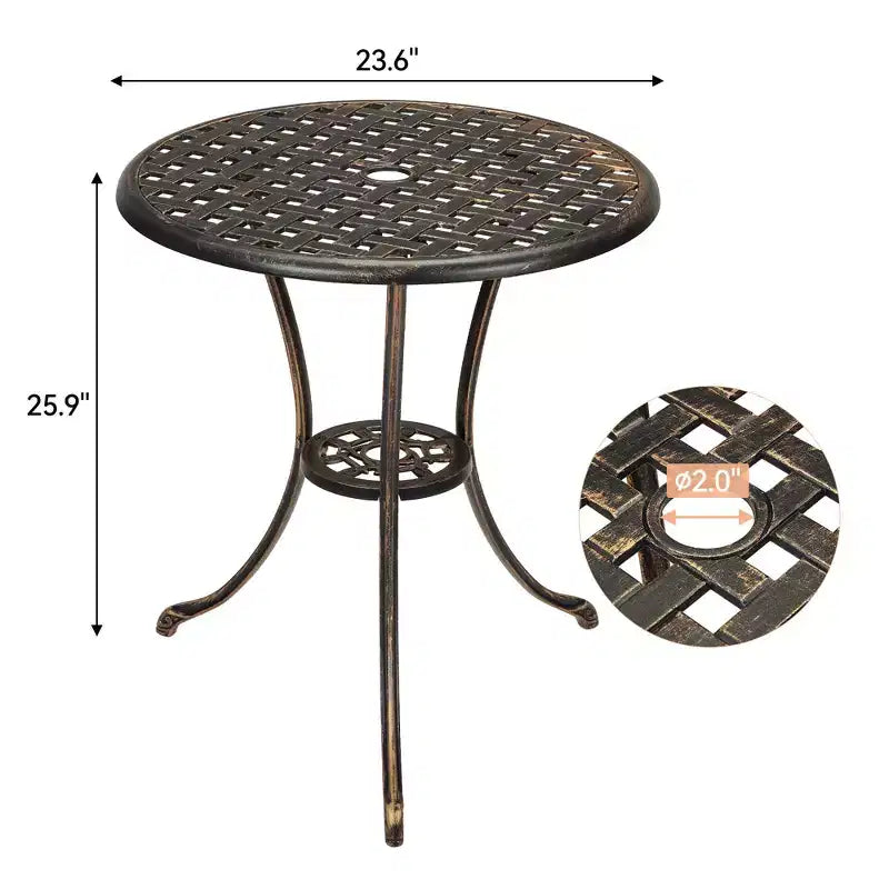 24 Inch Cast Aluminum Bistro Table with 2 Umbrella Hole, Round Outdoor Patio Side Table, Rust-Resistant Coffee Table for Garden, Backyard