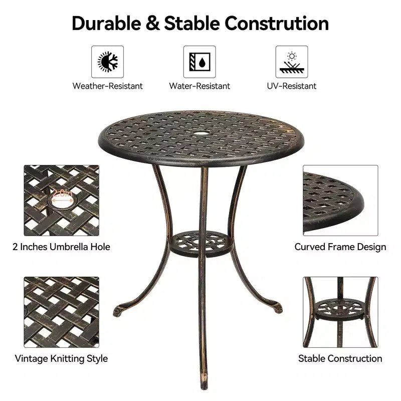 24 Inch Cast Aluminum Bistro Table with 2 Umbrella Hole, Round Outdoor Patio Side Table, Rust-Resistant Coffee Table for Garden, Backyard