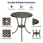 24 Inch Cast Aluminum Bistro Table with 2 Umbrella Hole, Round Outdoor Patio Side Table, Rust-Resistant Coffee Table for Garden, Backyard