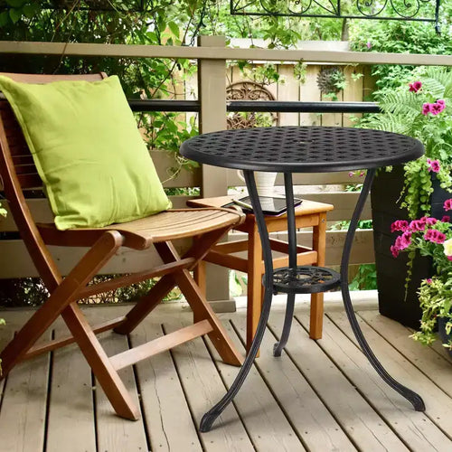 24 Inch Cast Aluminum Bistro Table with 2 Umbrella Hole, Round Outdoor Patio Side Table, Rust-Resistant Coffee Table for Garden, Backyard