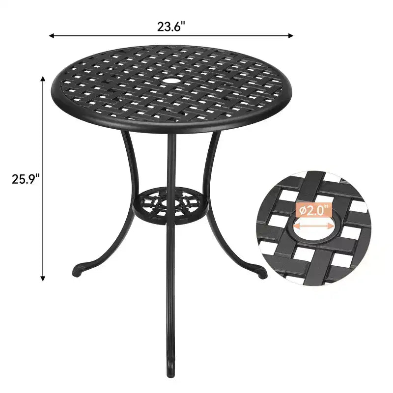 24 Inch Cast Aluminum Bistro Table with 2 Umbrella Hole, Round Outdoor Patio Side Table, Rust-Resistant Coffee Table for Garden, Backyard