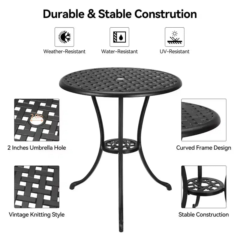 24 Inch Cast Aluminum Bistro Table with 2 Umbrella Hole, Round Outdoor Patio Side Table, Rust-Resistant Coffee Table for Garden, Backyard