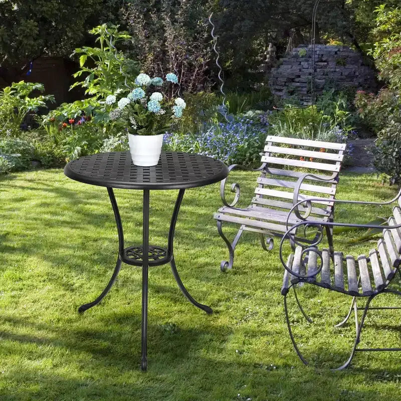 24 Inch Cast Aluminum Bistro Table with 2 Umbrella Hole, Round Outdoor Patio Side Table, Rust-Resistant Coffee Table for Garden, Backyard