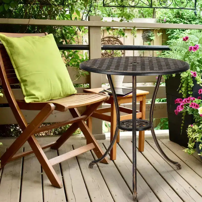 24 Inch Cast Aluminum Bistro Table with 2 Umbrella Hole, Round Outdoor Patio Side Table, Rust-Resistant Coffee Table for Garden, Backyard