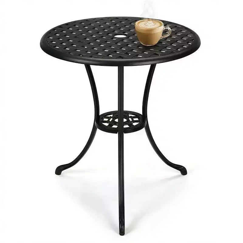 24 Inch Cast Aluminum Bistro Table with 2 Umbrella Hole, Round Outdoor Patio Side Table, Rust-Resistant Coffee Table for Garden, Backyard