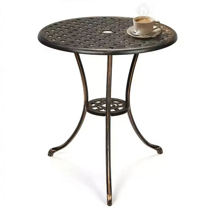 24 Inch Cast Aluminum Bistro Table with 2 Umbrella Hole, Round Outdoor Patio Side Table, Rust-Resistant Coffee Table for Garden, Backyard