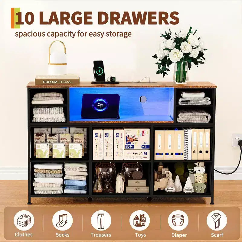 10-Drawer Fabric Dresser, Open Shelves, Modern Storage Cabinet, for Bedroom, Living Room, Hallway