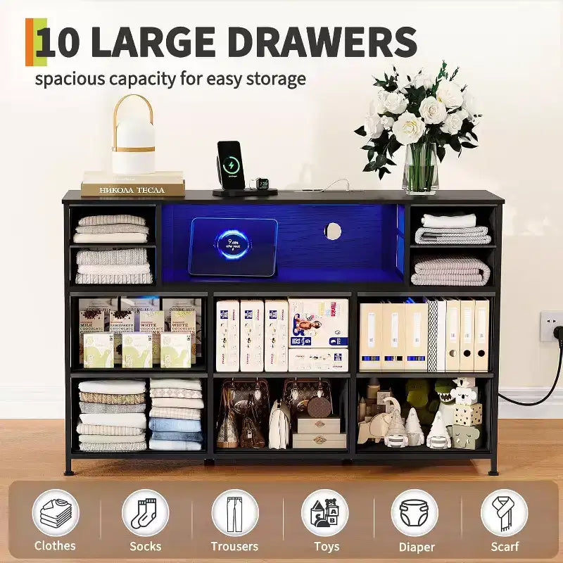 10-Drawer Fabric Dresser, Open Shelves, Modern Storage Cabinet, for Bedroom, Living Room, Hallway